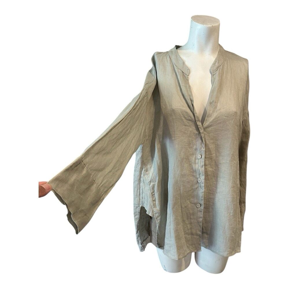 ZARA‎ 100% Linen Blouse w/ Flared Sleeves & Buttons Sand Biege Sz M